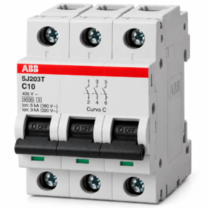 Minidisjuntor Tripolar 10A 5kA /3kA em 220 V/380 V Termomagnetico CurvaC SJ203T-C10 ABB