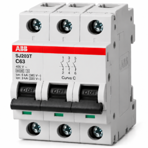 Minidisjuntor Tripolar 63A 5kA /3kA em 220 V/380 V Termomagnetico CurvaC SJ203T-C63 ABB
